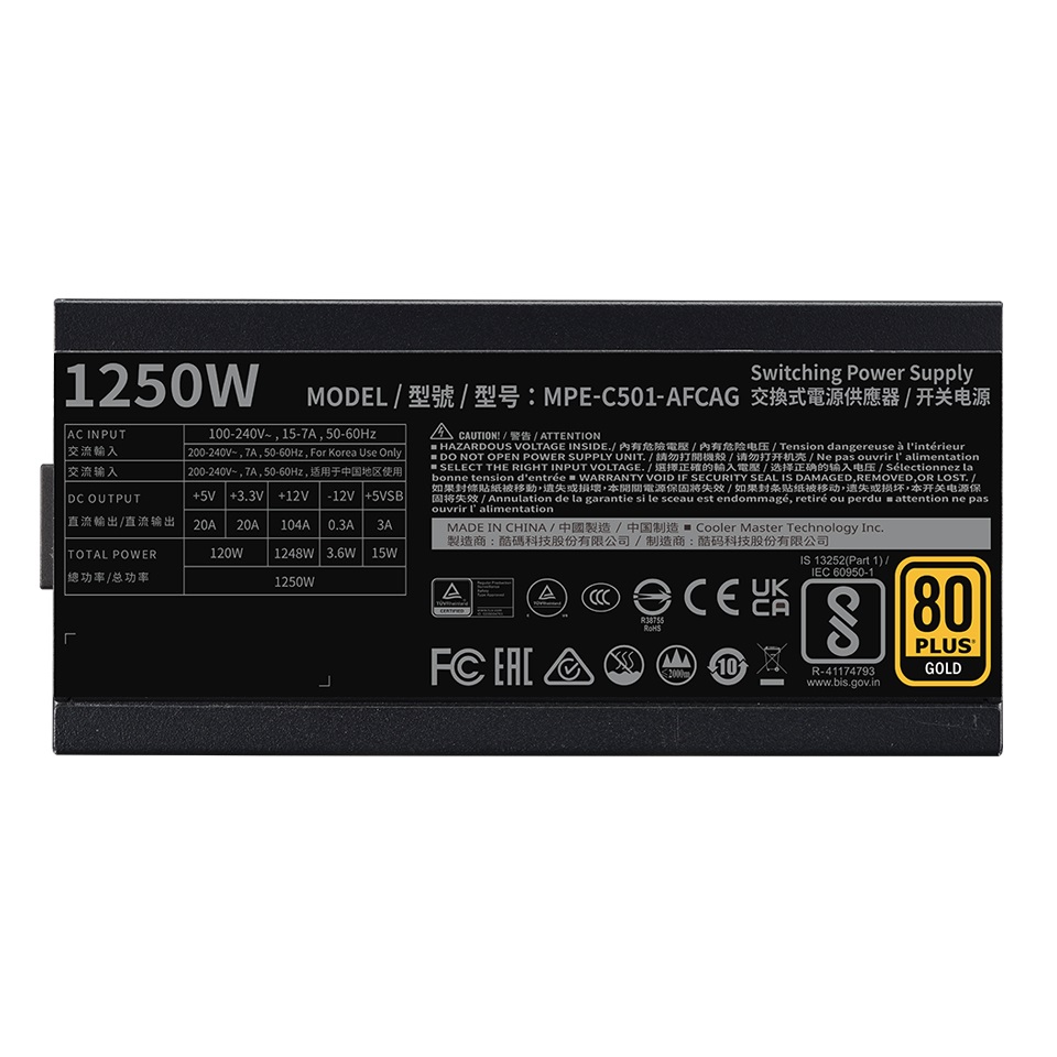 Cooler Master MWE Gold 1250 V2 Alimentatore PC 1250W 80 PLUS Gold Full Modulare ATX 3.1 con Ventola FDB 140mm e Garanzia di 10 Anni