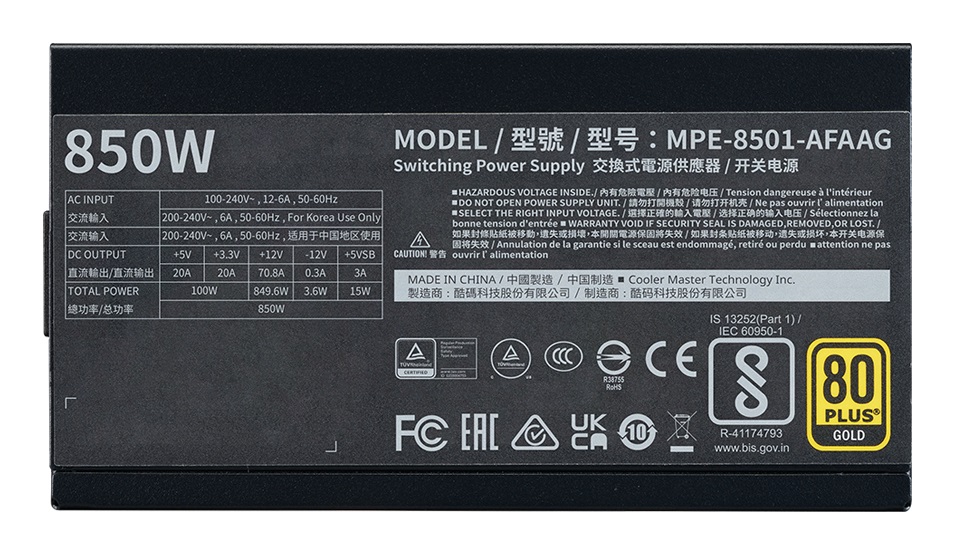 Cooler Master MWE Gold 850 V2 Alimentatore ATX 3.1 Modulare 850W 80 PLUS Gold con Ventola 120mm