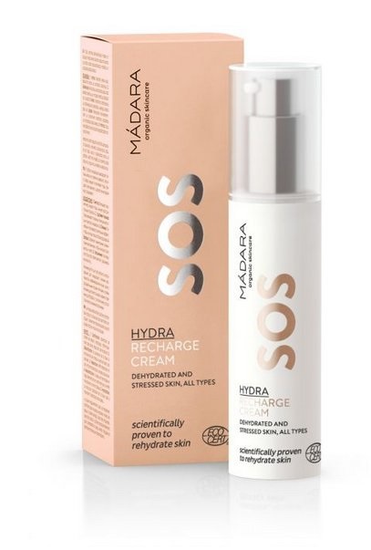 MÁDARA SOS Hydra Recharge Cream - Crema idratante per il viso 50 ml, con peonia, semi di lino e acido ialuronico, riduce le rughe e nutre la pelle