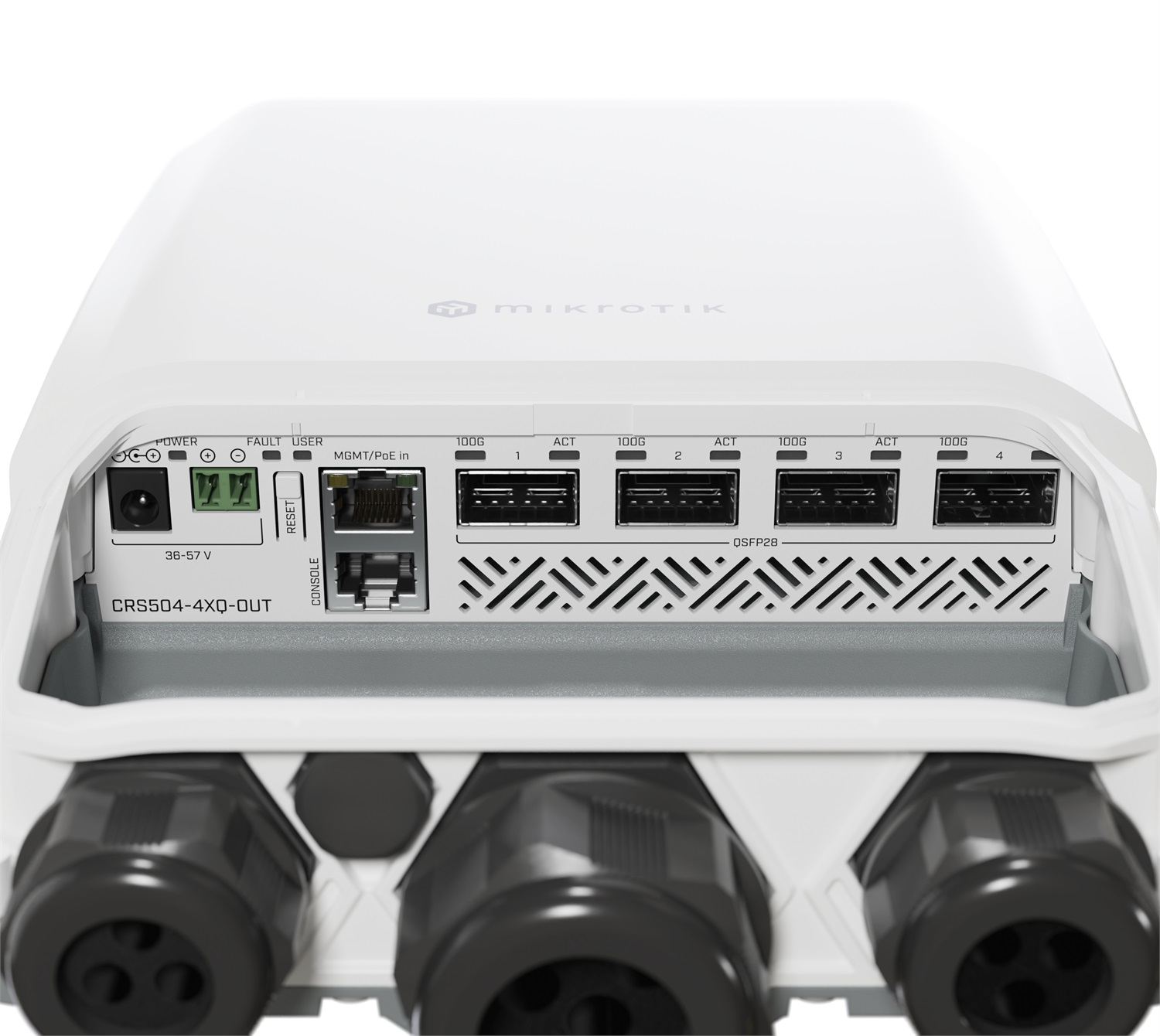 Mikrotik CRS504-4XQ-OUT Switch di Rete Gestito L3 con 1 Porta RJ-45 Fast Ethernet (10/100), Supporto Power over Ethernet (PoE), Montaggio Rack 1U, Bianco