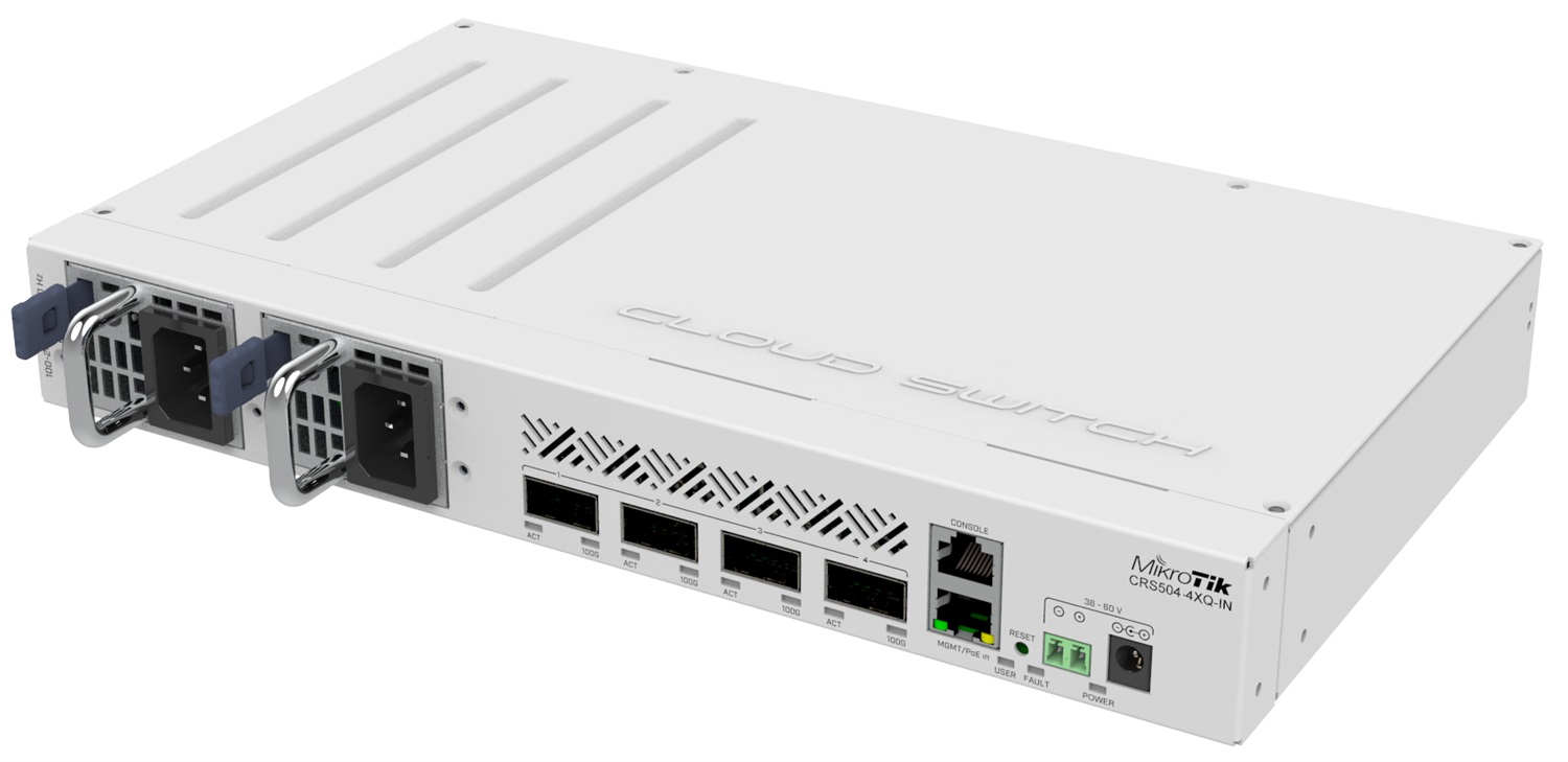 Mikrotik CRS504-4XQ-IN Switch di rete Gestito 4xQSFP28 1x100MbE 100 Gigabit con Power over Ethernet (PoE) - CPU 650MHz, 64MB RAM, Compatto e a basso consumo energetico