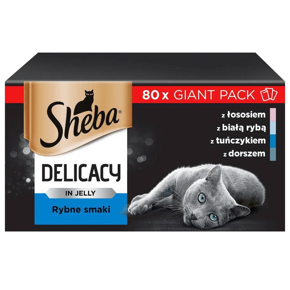 Sheba Delicacy Cibo Umido per Gatti - Gusti di Pesce in Gelatina (Salmone, Pesce Bianco, Tonno, Merluzzo) - 80 x 85 g