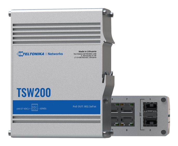 Teltonika TSW200 Switch di rete Non gestito 8x Gigabit Ethernet (10/100/1000) 2x SFP, Supporto Power over Ethernet (PoE), Alluminio