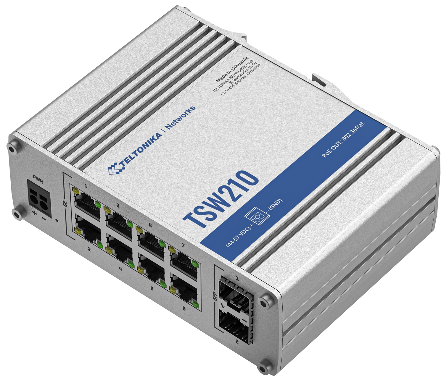 Teltonika TSW210 Switch Ethernet Industriale Non Gestito 8 Porte Gigabit Ethernet (10/100/1000) con 2 Porte SFP, Montabile su Guida DIN