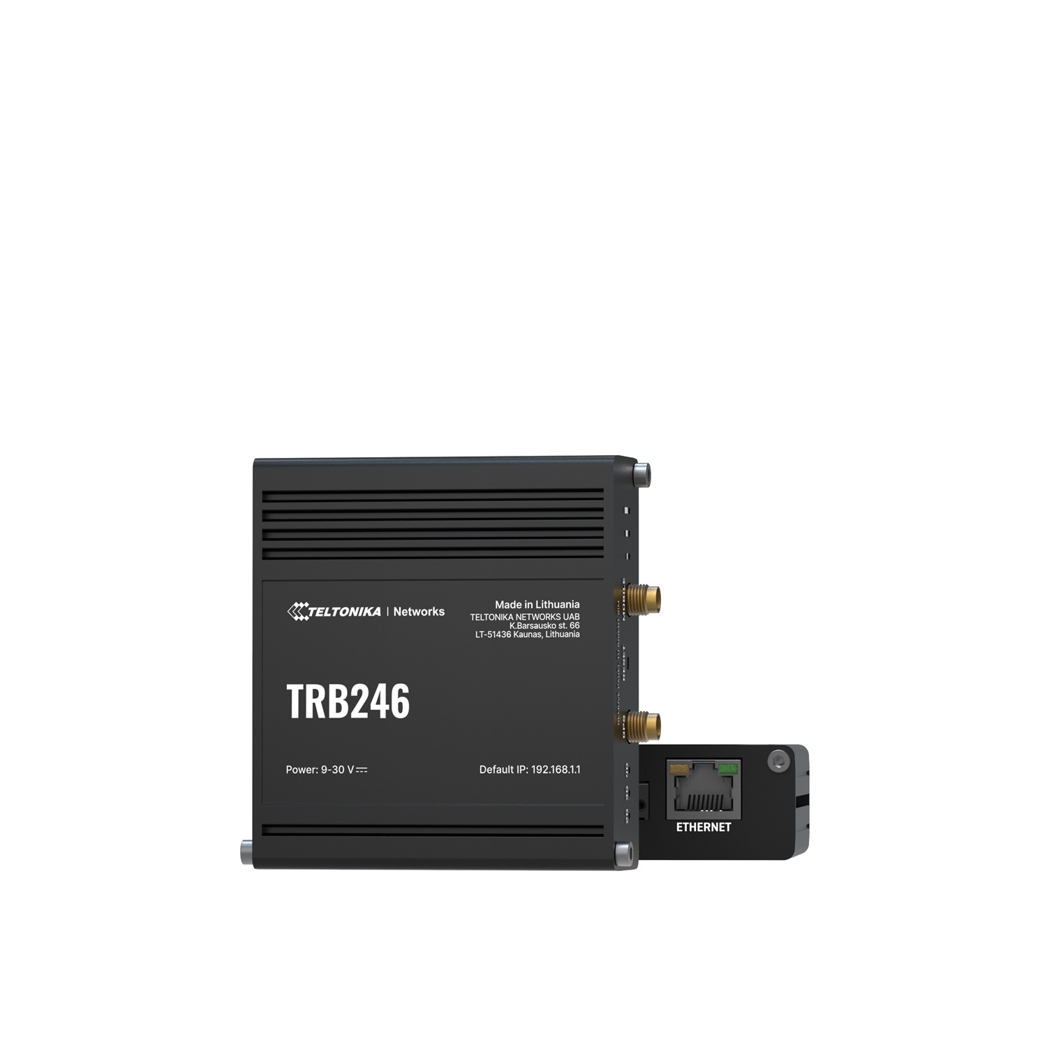 Teltonika Router Industriale TRB246 - Gateway IoT LTE Cat4, 1x RJ45 100Mb/s, IP30, GNSS Incorporato, Montaggio su Guida DIN/Parete, Nero, Alluminio