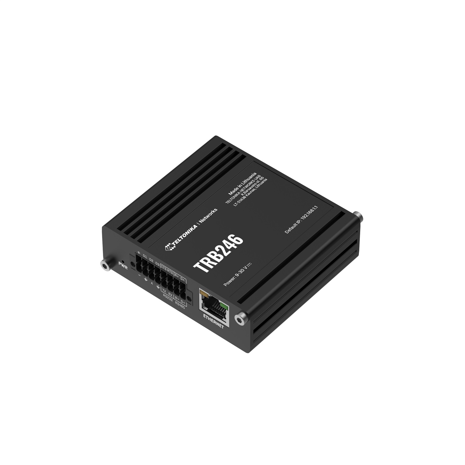 Teltonika Router Industriale TRB246 - Gateway IoT LTE Cat4, 1x RJ45 100Mb/s, IP30, GNSS Incorporato, Montaggio su Guida DIN/Parete, Nero, Alluminio