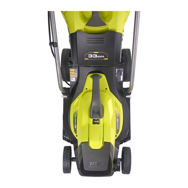 Ryobi OLM1833B Tosaerba a Batteria 18V, Taglio 33 cm, Sacco di Raccolta 35L, Ergonomico e Ripiegabile, Ideale per Giardini Fino a 500 m²