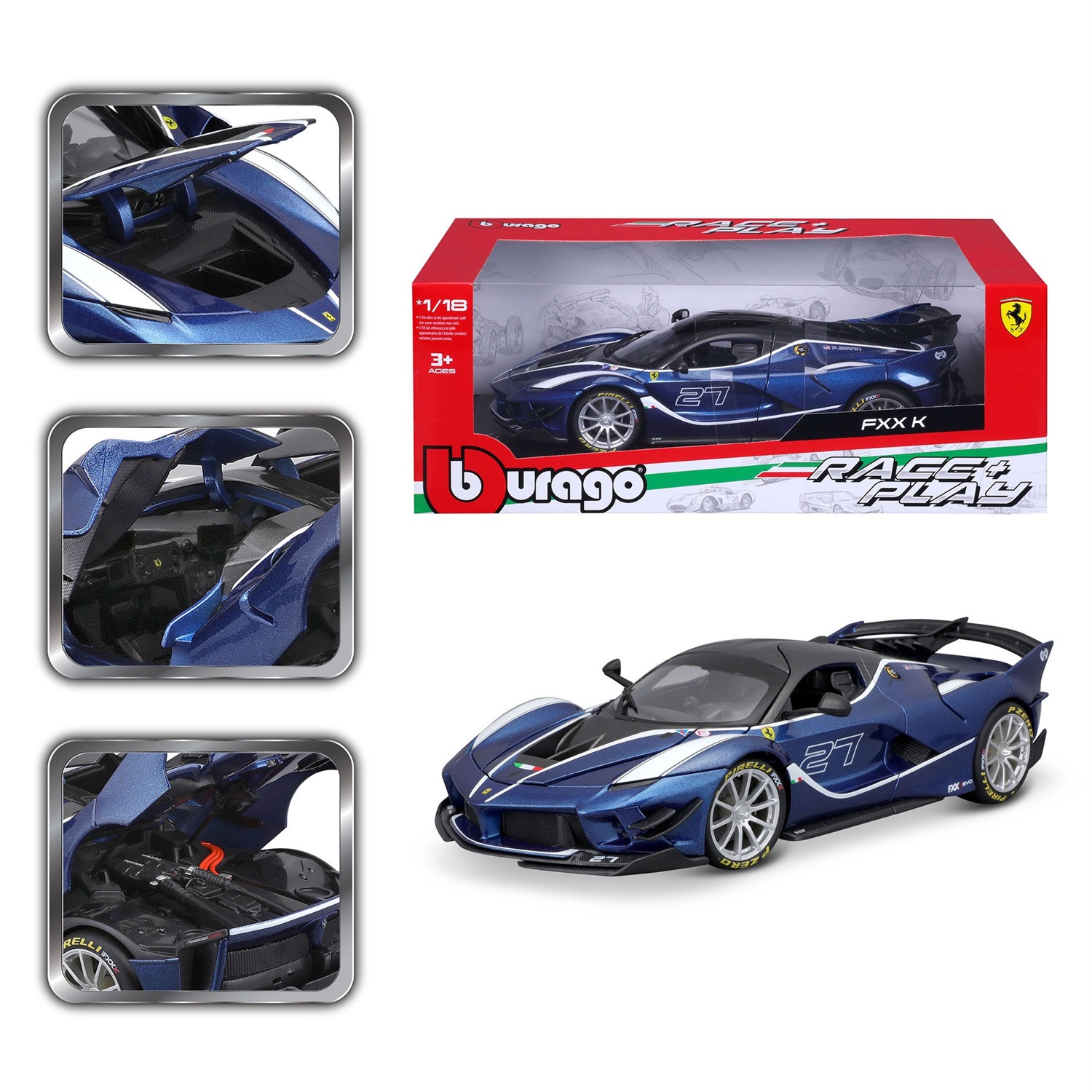 Bburago Ferrari FXX-K EVO #27 Blu 1:18 - Modellino Auto con Porte Apribili, Bagagliaio e Cofano Mobile, Serie Race & Play