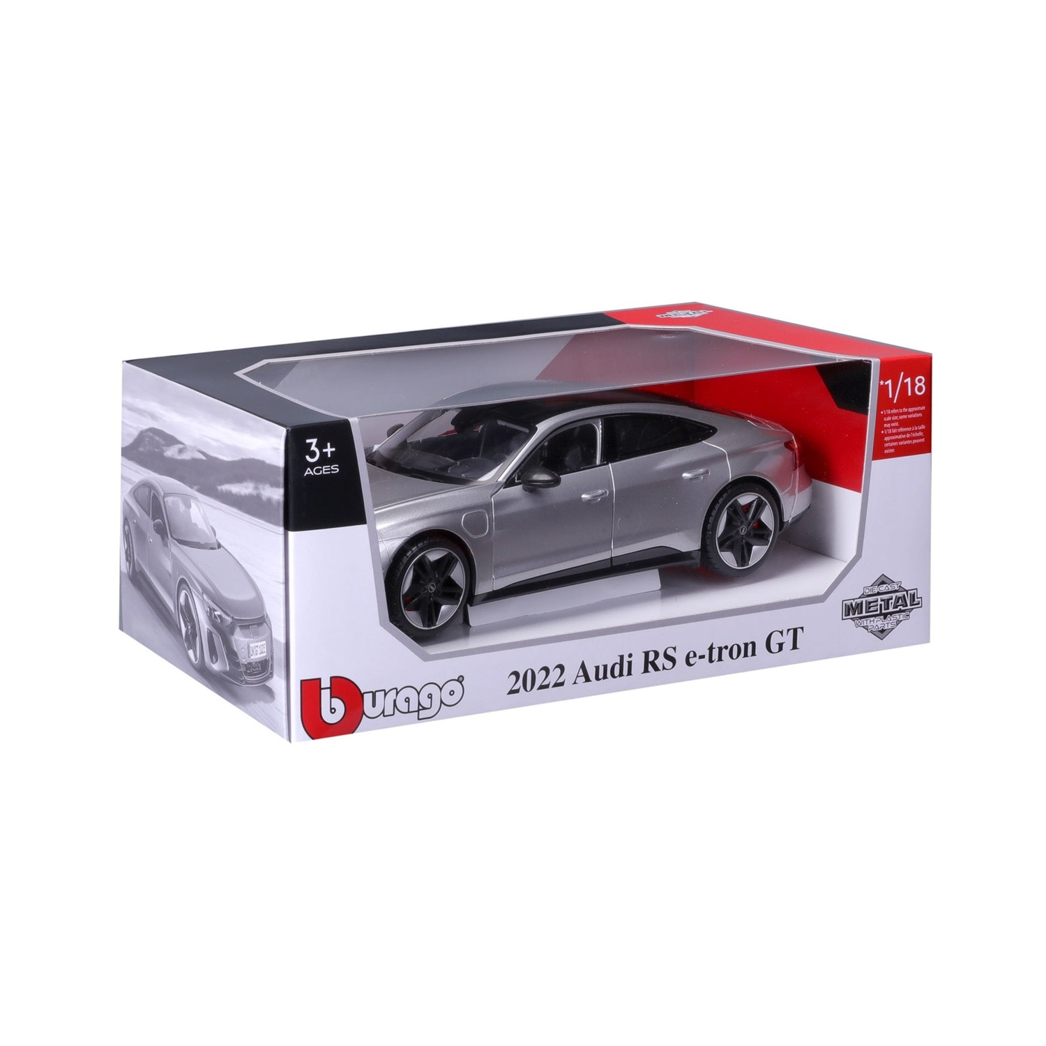 Bburago Audi RS e-tron GT 2022 - Modello in scala 1:18, colore Silver, porte mobili, materiale die-cast