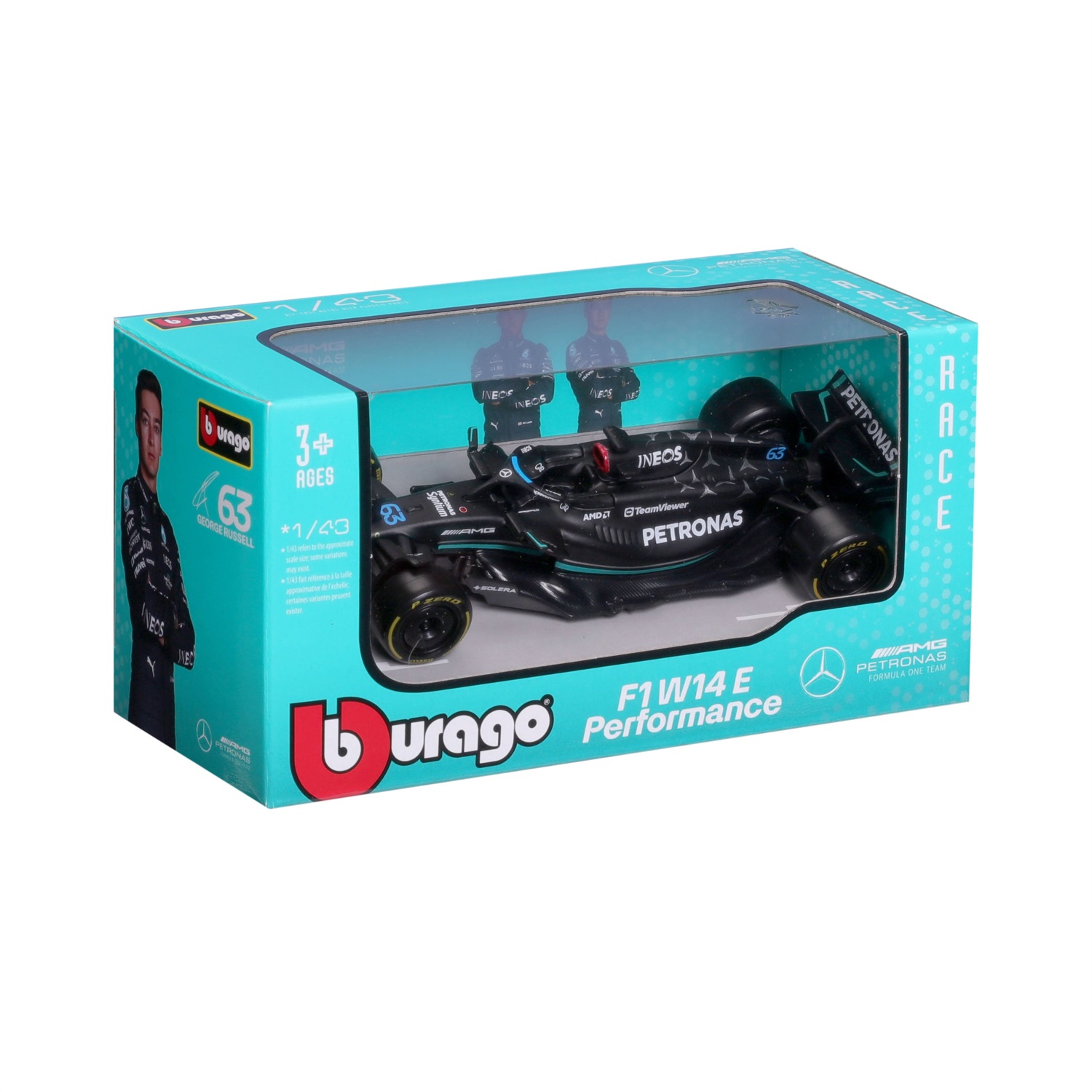 BBURAGO Mercedes AMG F1 W14 E Performance #63 - Modellino auto sportiva in scala 1:43, die-cast, con licenza ufficiale Formula 1
