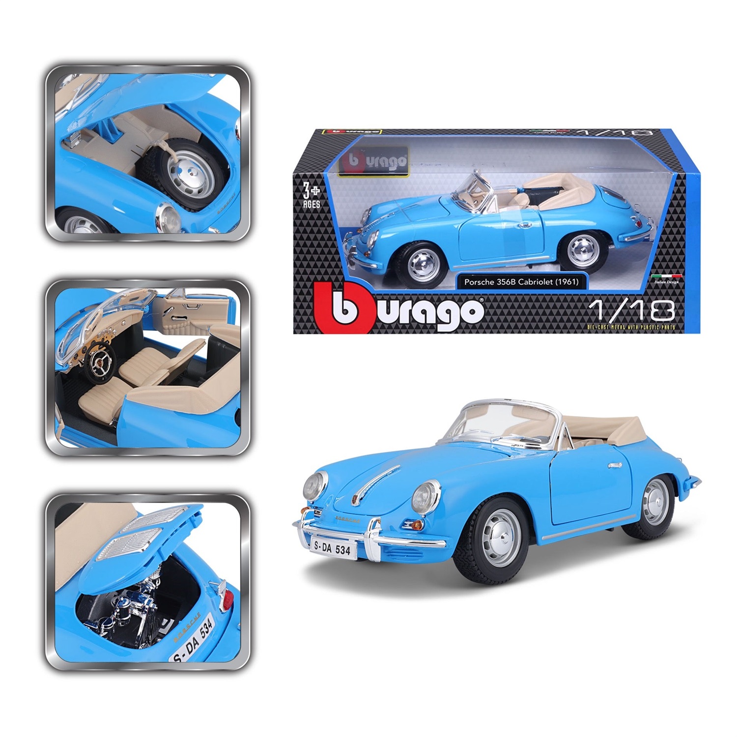 Burago Porsche 356B Cabriolet (1961) Modellino di macchina classica Preassemblato in scala 1:18 - Colore Gold