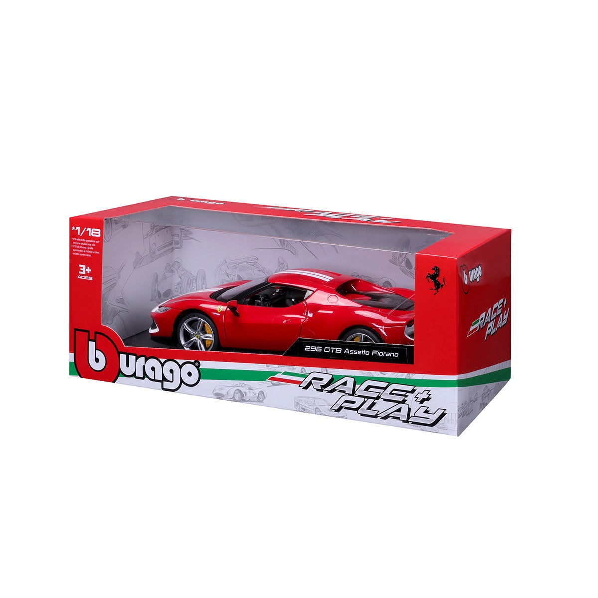 BBURAGO Ferrari 296 GTB Assetto Fiorano Modellino Die-Cast 1:18 Rosso e Bianco per Bambini da 3 Anni