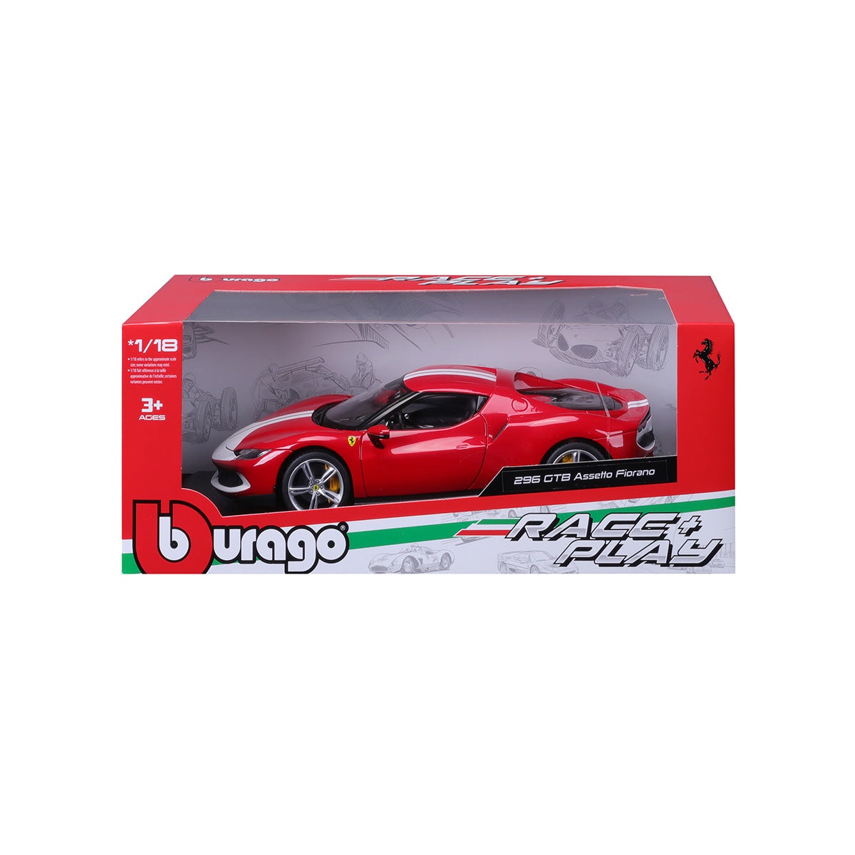 BBURAGO Ferrari 296 GTB Assetto Fiorano Modellino Die-Cast 1:18 Rosso e Bianco per Bambini da 3 Anni