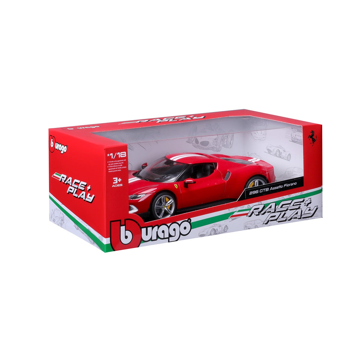 BBURAGO Ferrari 296 GTB Assetto Fiorano Modellino Die-Cast 1:18 Rosso e Bianco per Bambini da 3 Anni