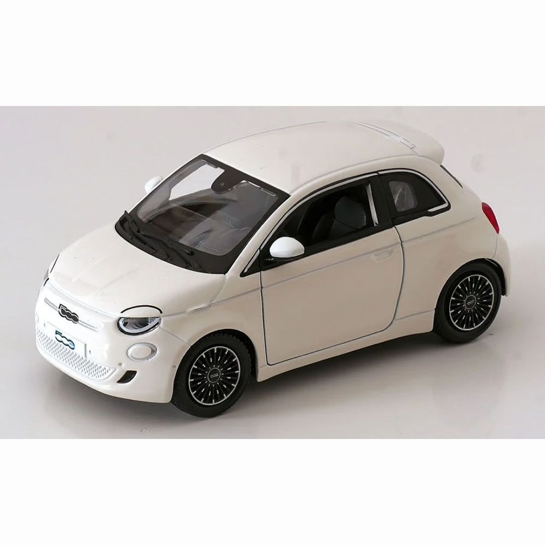 Bburago Fiat 500e (2023) Modellino Diecast 1:24 con Portiere Apribili - Colore Bianco/Celeste/Grigio