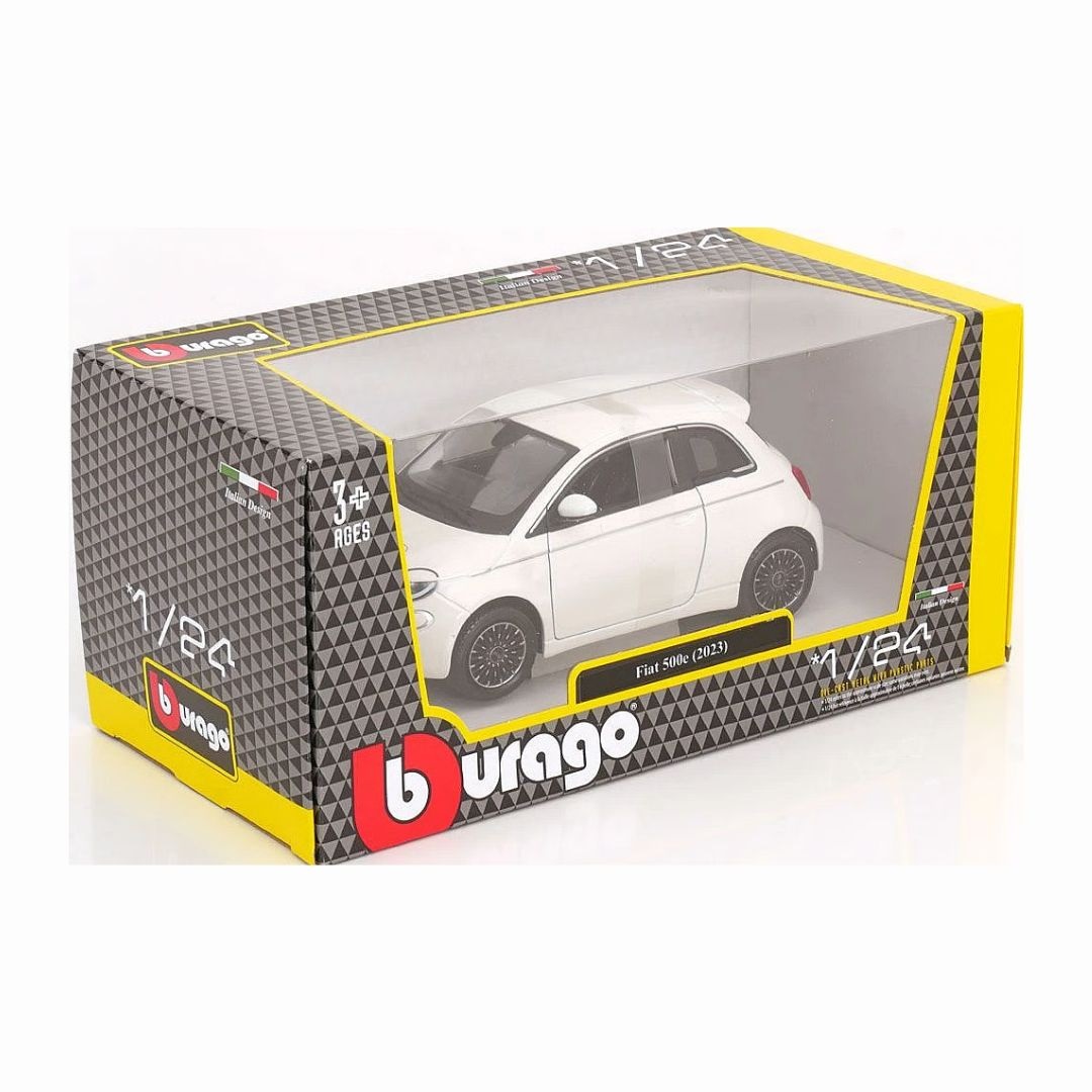 Bburago Fiat 500e (2023) Modellino Diecast 1:24 con Portiere Apribili - Colore Bianco/Celeste/Grigio