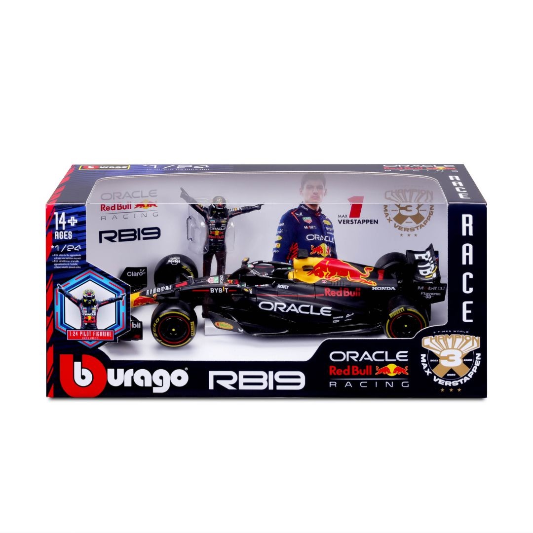 Burago Red Bull Racing RB19 Max Verstappen #1 2023 - Modellino Auto Sportiva Realistico in Scala 1:24 con Personaggio di Max Verstappen, Licenza Ufficiale Red Bull, Età Consigliata 14 Anni