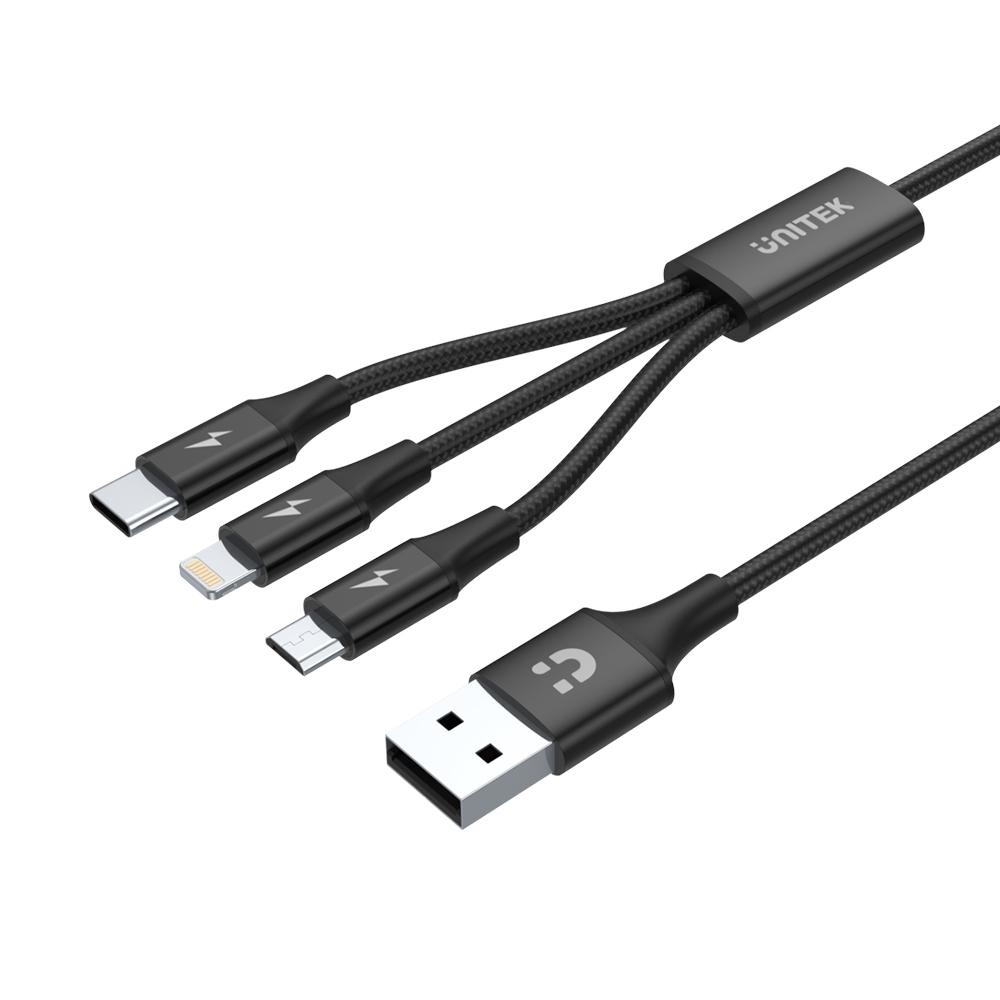 UNITEK C14049BK Cavo USB 3 in 1 1.2m con USB-C, Micro USB e Lightning - Nero