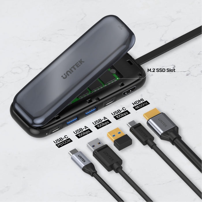 Unitek UNITEK uHUB H6 - Hub USB-C 6-in-1 con supporto M.2 SSD, HDMI e USB 3.2, 10000 Mbit/s, Grigio