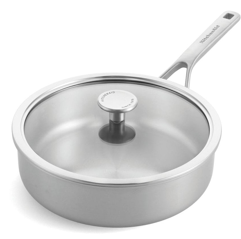 KitchenAid Padella MultiPly 3PLY in Acciaio Inox con Coperchio in Vetro, 24 cm, Induzione e Forno fino a 220°C