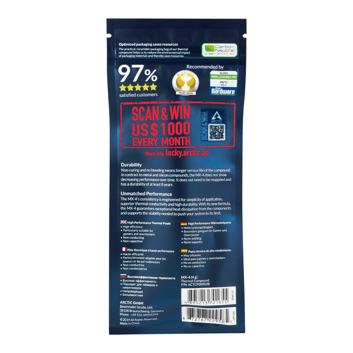 ARCTIC MX-4 Pasta Termica 4g - Conducibilità Termica 8,5 W/m·K, Densità 2,5 g/cm³