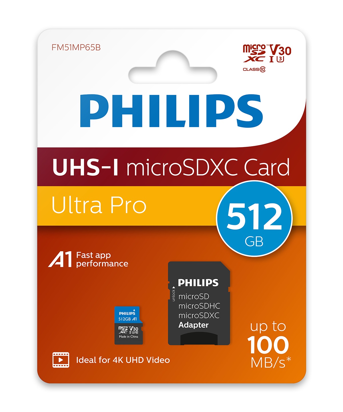 Philips SDXC Card 512GB - Scheda di Memoria V30 UHS-I U3 con Adattatore, Velocità di Lettura Fino a 100MB/s, A1 per Smartphone e Tablet