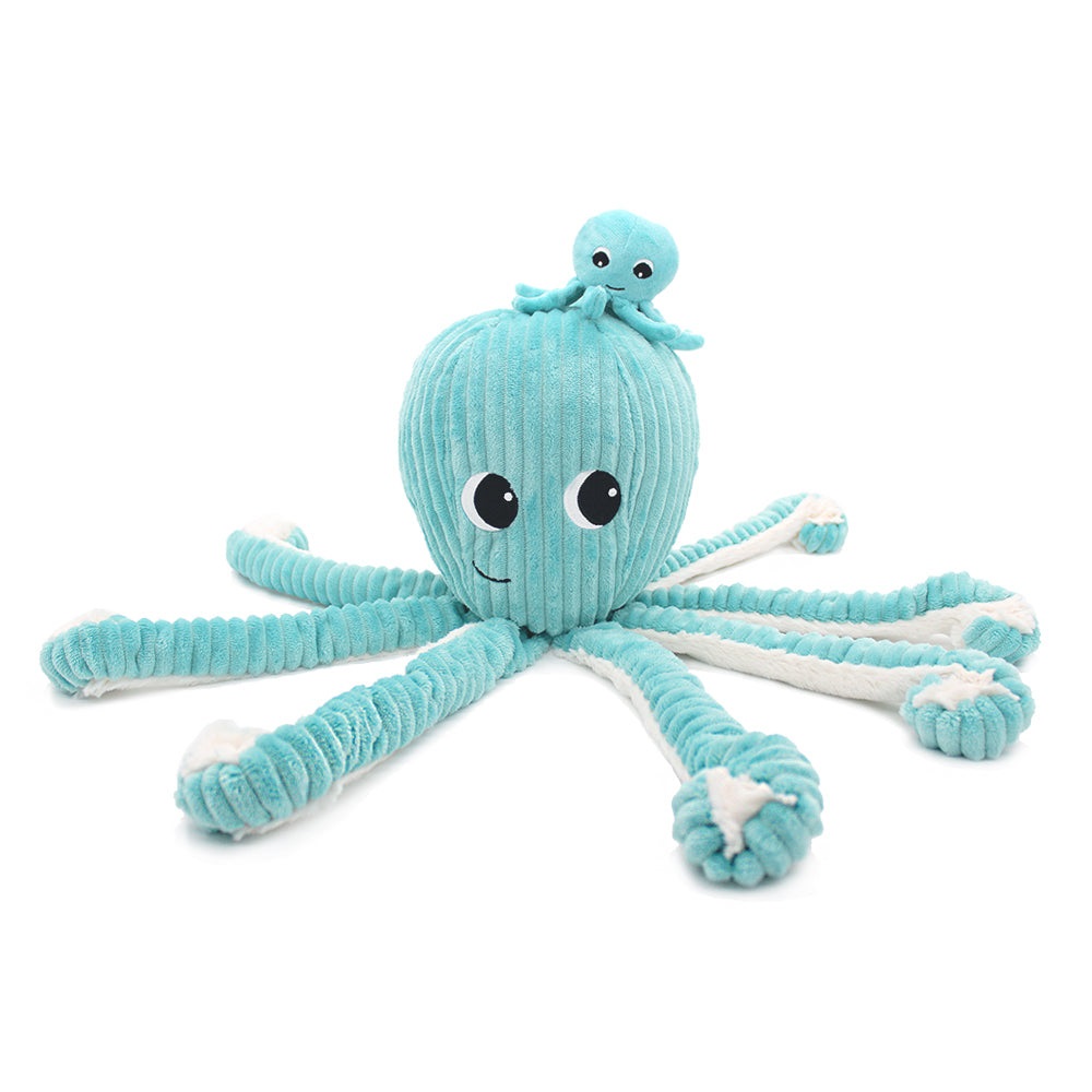 Les Ptipotos Peluche Filou il Polpo - Mamma e Cucciolo 45 cm Blu-Acqua in Velluto Morbido