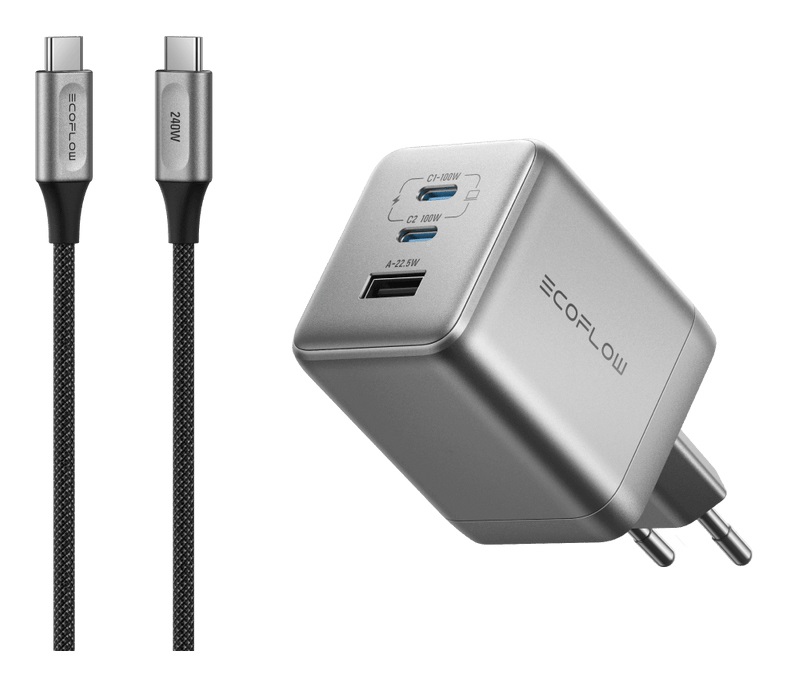 EcoFlow Caricabatterie RAPID Pro 100W con tecnologia GaN, 2 porte USB-C e 1 porta USB-A