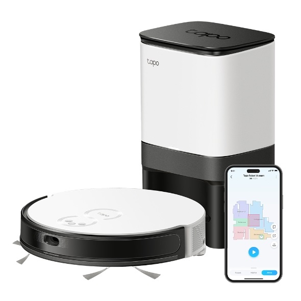 TP-Link Tapo RV20 Mop Plus - Robot Aspirapolvere e Lavapavimenti Smart con Svuotamento Automatico, Contenitore da 4 L, Nero e Bianco