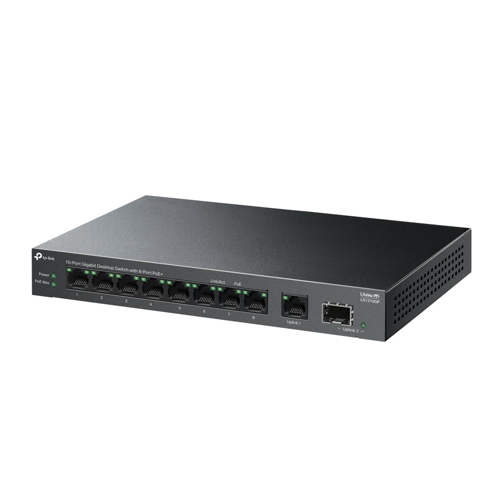TP-Link LiteWave LS1210GP Switch di Rete Non Gestito Gigabit Ethernet 10 Porte con PoE (8 Porte PoE) e Budget PoE da 61 W, Plug & Play, Modalità di Isolamento, Funzionamento Silenzioso - Nero