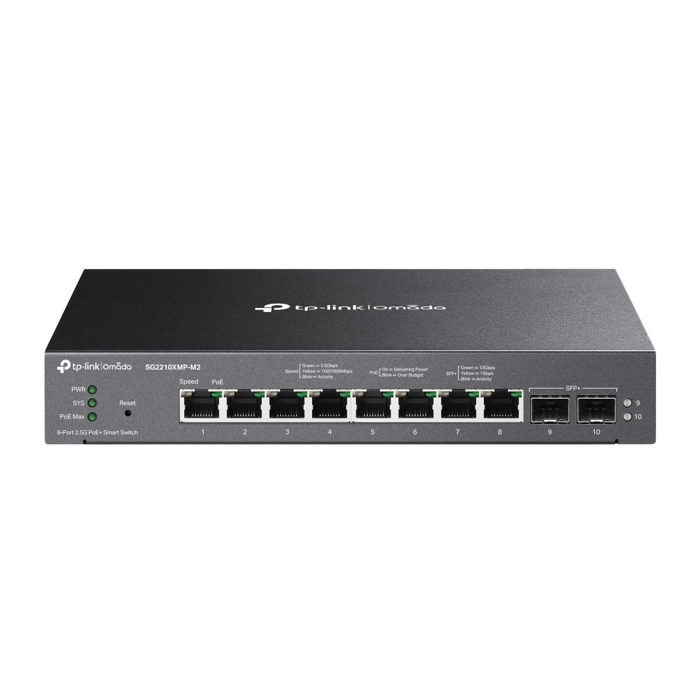 TP-Link Omada SG2210XMP-M2 Switch Gestito L2/L2 con 8 Porte 2.5G PoE e 2 Porte 10GE SFP , Capacità di Commutazione 80 Gbit/s, Nero
