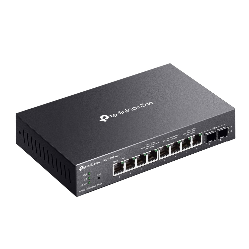 TP-Link Omada SG2210XMP-M2 Switch Gestito L2/L2 con 8 Porte 2.5G PoE e 2 Porte 10GE SFP , Capacità di Commutazione 80 Gbit/s, Nero