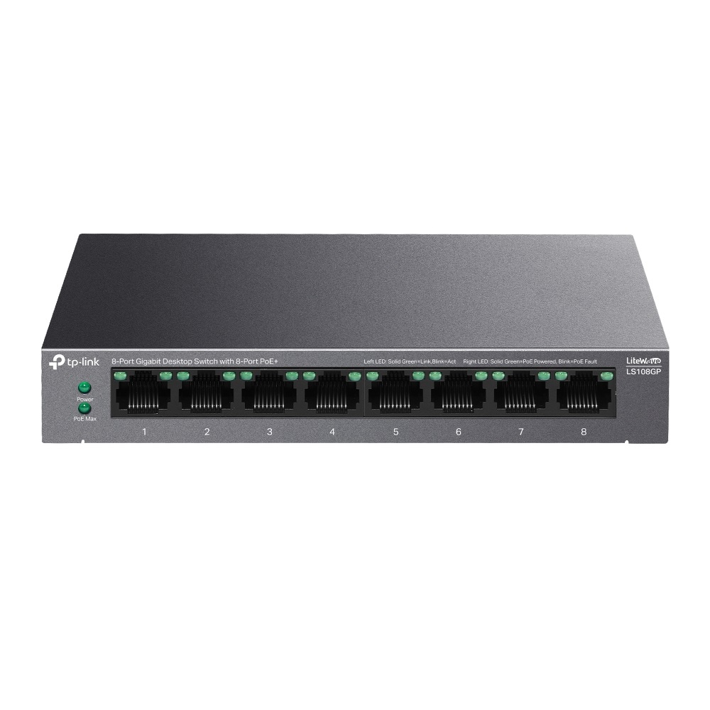 TP-Link LiteWave LS108GP Switch di Rete Non Gestito 8 Porte Gigabit Ethernet (10/100/1000) con Supporto Power over Ethernet (PoE) 62W - Nero