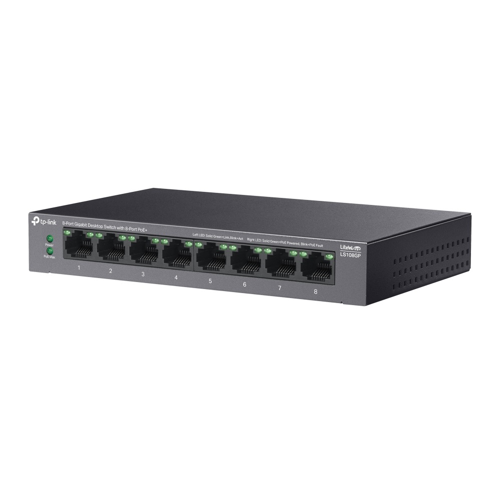TP-Link LiteWave LS108GP Switch di Rete Non Gestito 8 Porte Gigabit Ethernet (10/100/1000) con Supporto Power over Ethernet (PoE) 62W - Nero