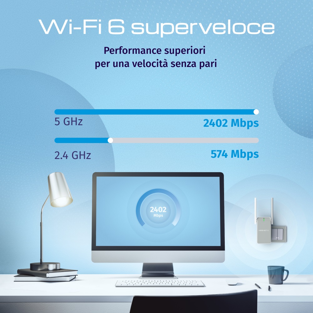 Keenetic Buddy 6 Extender Wi-Fi 6 AX3000 con Tecnologia Mesh, 1 Porta Gigabit Ethernet, Velocità Fino a 2402 Mbps