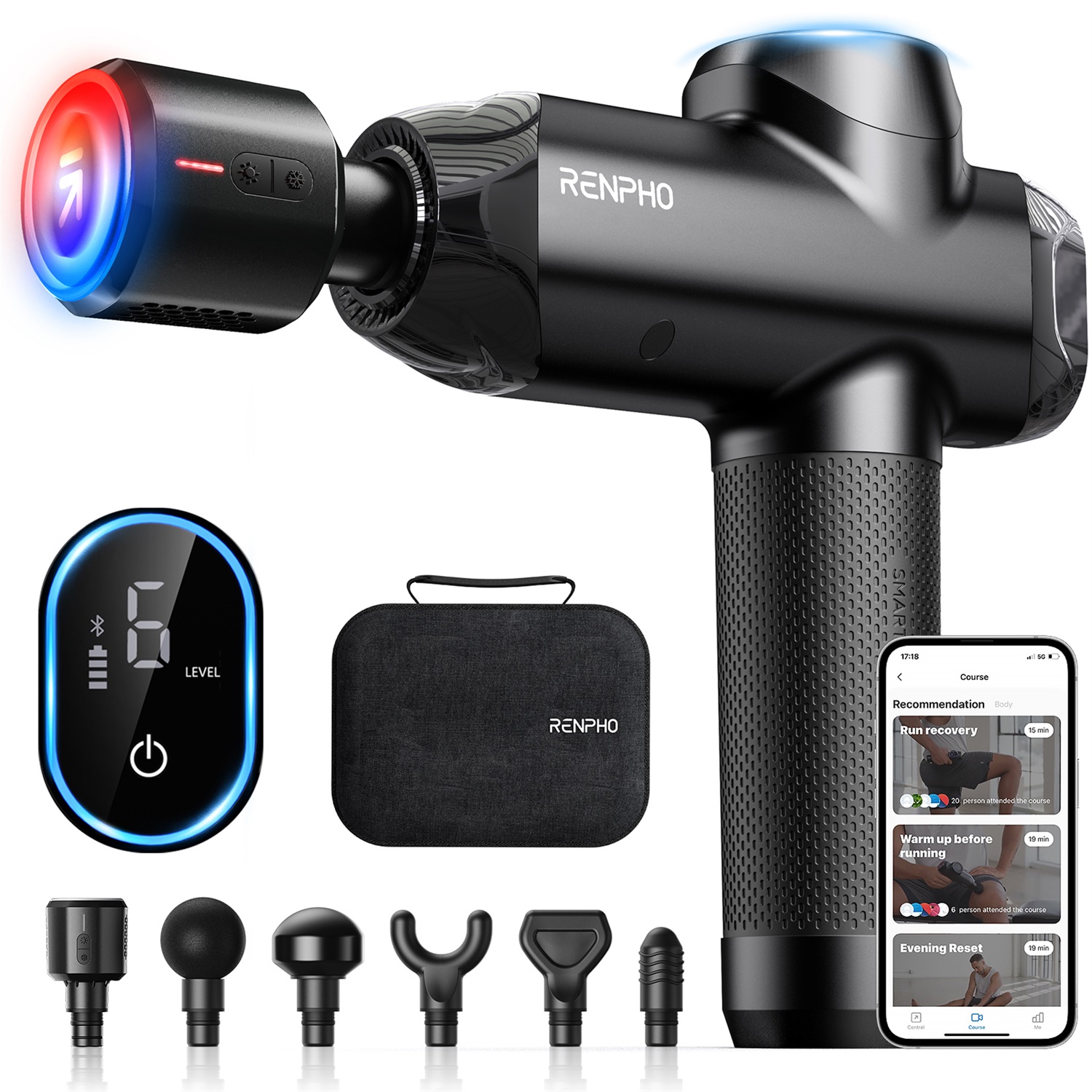 Renpho Power+ Thermacool R-C001S, Pistola Massaggiante Smart con Testina Caldo/Freddo, App Bluetooth, 6 Testine e 6 Velocità