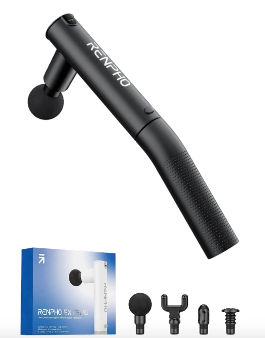 Renpho Extend Massage Gun R-C004, Pistola Massaggiante con Manico di Estensione Rimovibile, 4 Testine e 4 Velocità