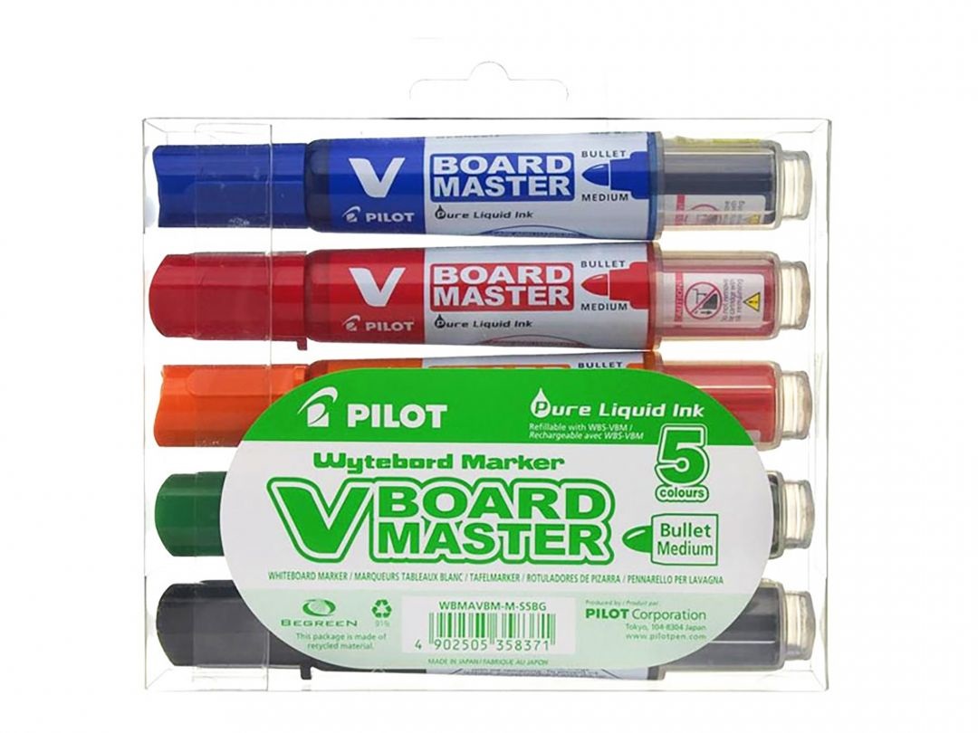 Pilot V-Board Master - Astuccio da 5 Pennarelli per Lavagna Bianca, Colori Assortiti (Nero, Blu, Rosso, Verde, Arancione), Punta Media da 4,5 mm, Plastica Riciclata Begreen