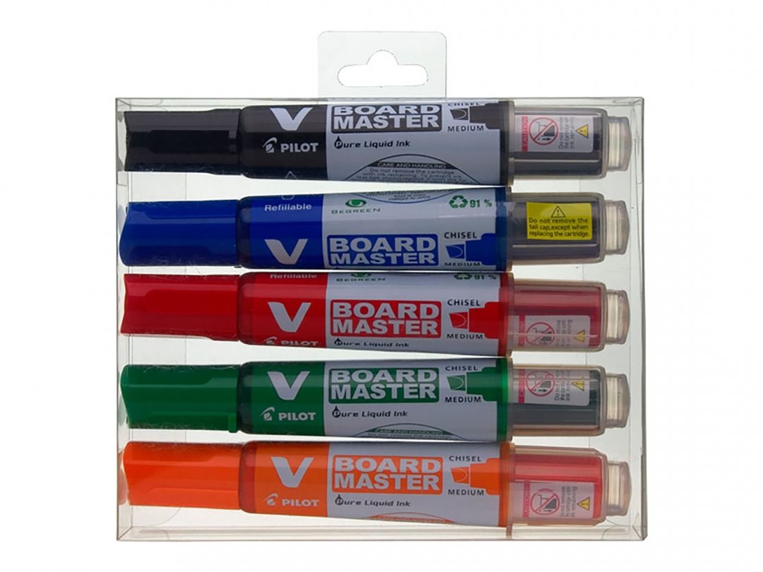 Pilot V-Board Master - Astuccio da 5 Pennarelli per Lavagna Bianca, Punta a Scalpel, Colori Assortiti: Nero, Blu, Rosso, Verde, Arancione, Materiale Riciclato
