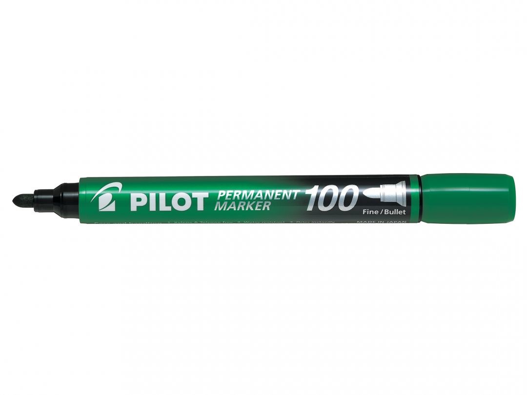 Pilot Marcatore Permanente Markers 100 - Punta Tonda 4,5 mm - Verde - Confezione da 12 Pezzi