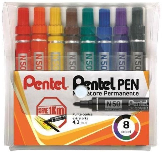 Pentel N50 Marcatore Permanente 8 pz Punta Conica/Tonda 4,3 mm Fusto in Metallo Alta Indelebilità
