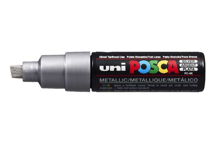 Uni Mitsubishi Marcatore PC-8K Argento - Punta Scalpello 8mm, Resistente all'Acqua, Inchiostro Pigmentato