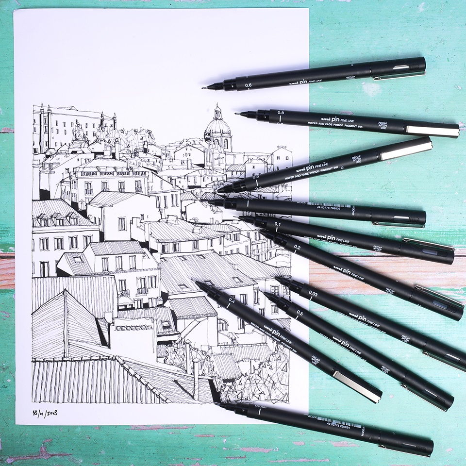 Uni-Ball Pin Fineliner 1.0 mm Nero - Inchiostro Pigmentato, Resistente alla Luce e all'Acqua, Fusto in Plastica con Cappuccio Antisoffocamento