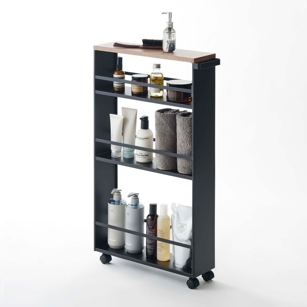 Yamazaki Tower Carrello Portaoggetti da Bagno e Cucina in Acciaio e Legno, Nero, 47,5 x 80,5 x 13 cm