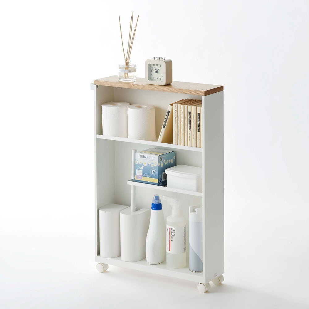 Yamazaki 4306 Tower Carrello Organizzativo da Bagno Bianco in Acciaio e Legno con Ruote, 13 x 47.5 x 68 cm