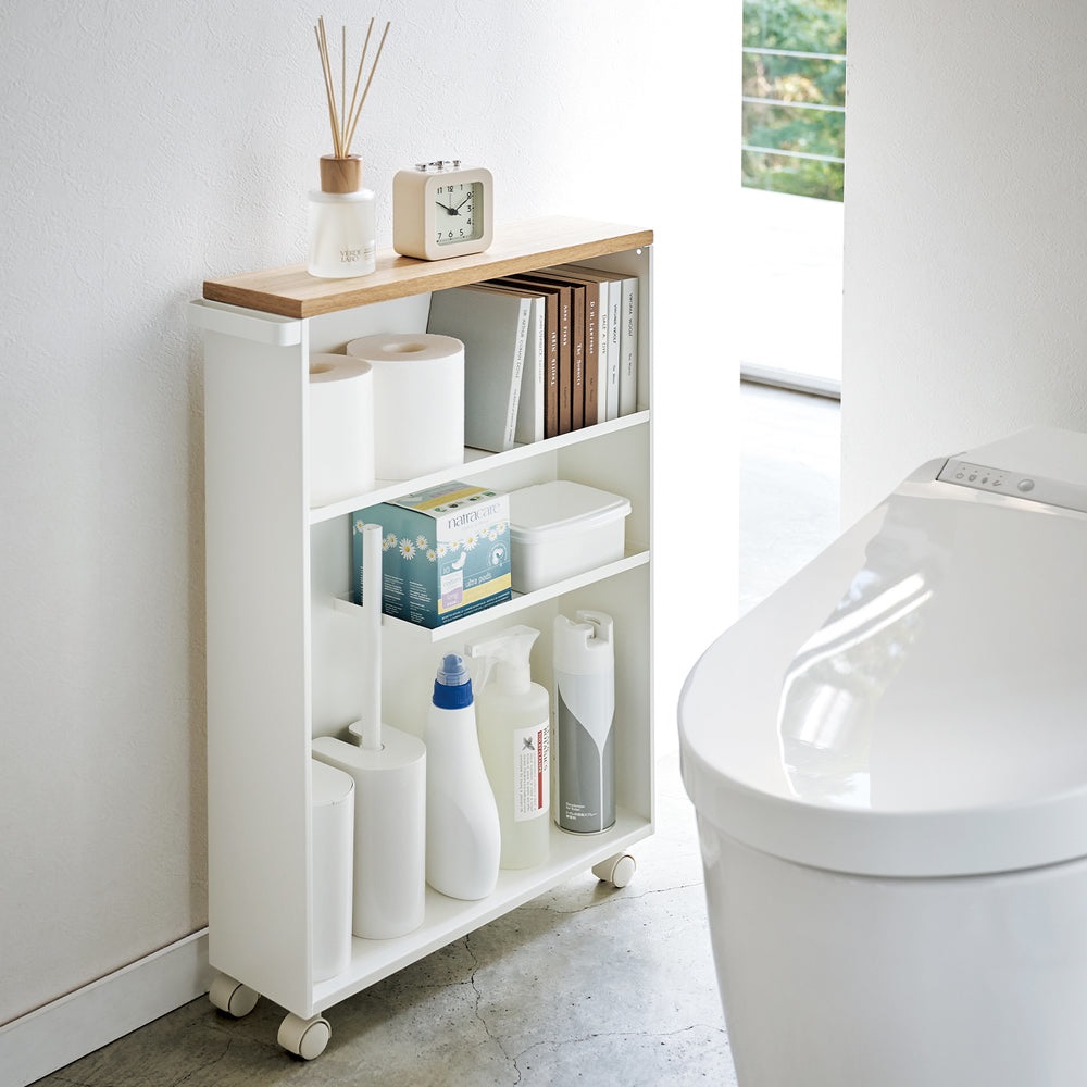 Yamazaki 4306 Tower Carrello Organizzativo da Bagno Bianco in Acciaio e Legno con Ruote, 13 x 47.5 x 68 cm