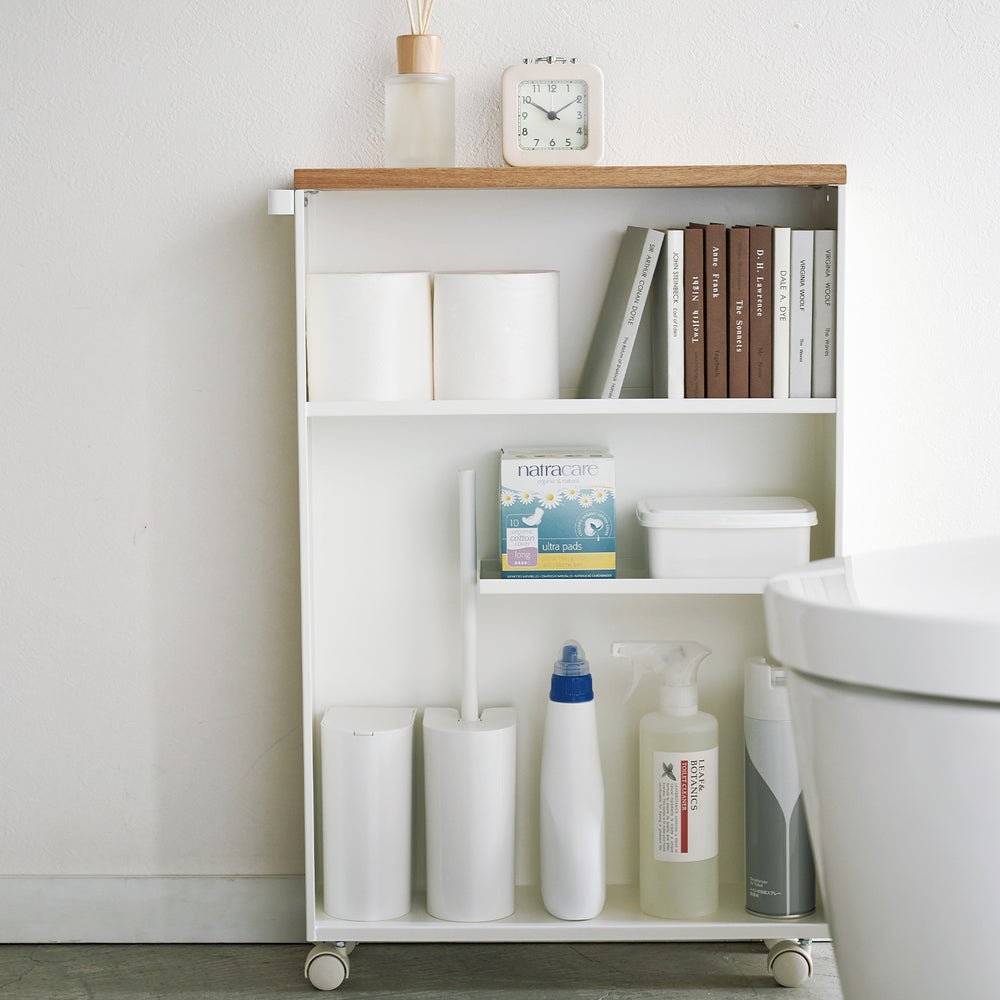 Yamazaki 4306 Tower Carrello Organizzativo da Bagno Bianco in Acciaio e Legno con Ruote, 13 x 47.5 x 68 cm