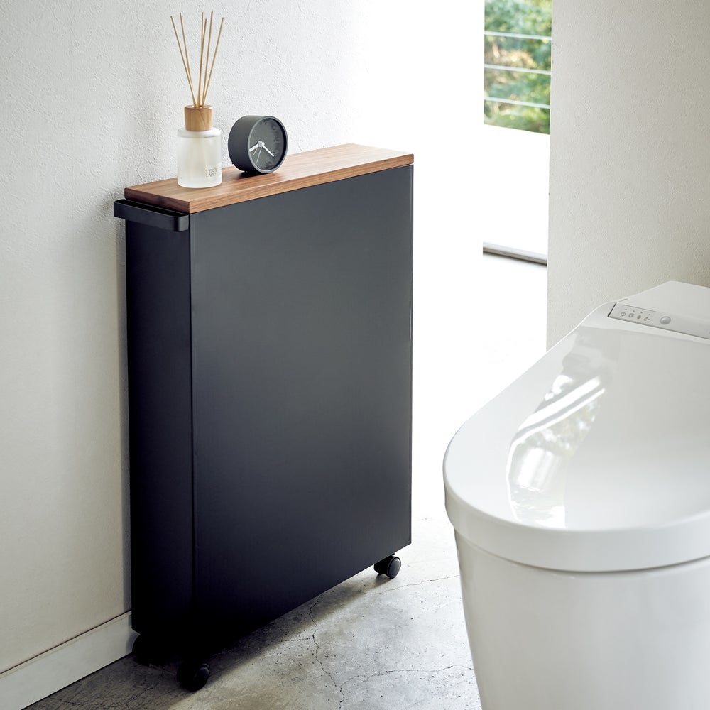 Yamazaki Carrello da Bagno Tower in Acciaio e Legno Nero con 3 Ripiani e Ruote