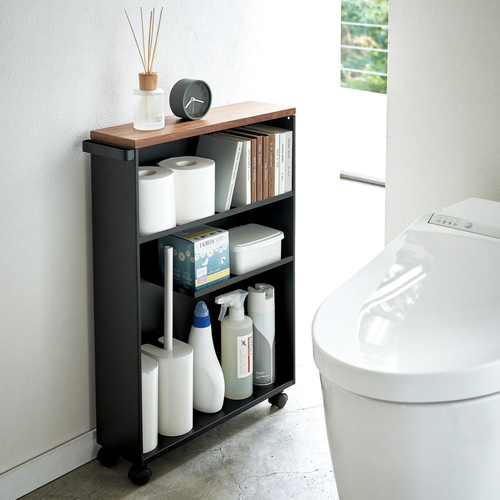 Yamazaki Carrello da Bagno Tower in Acciaio e Legno Nero con 3 Ripiani e Ruote