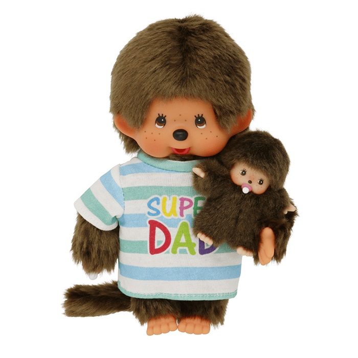 Sekiguchi Monchhichi 20cm - Peluche Papà con Bambino, Super Papà in Morbido Peluche